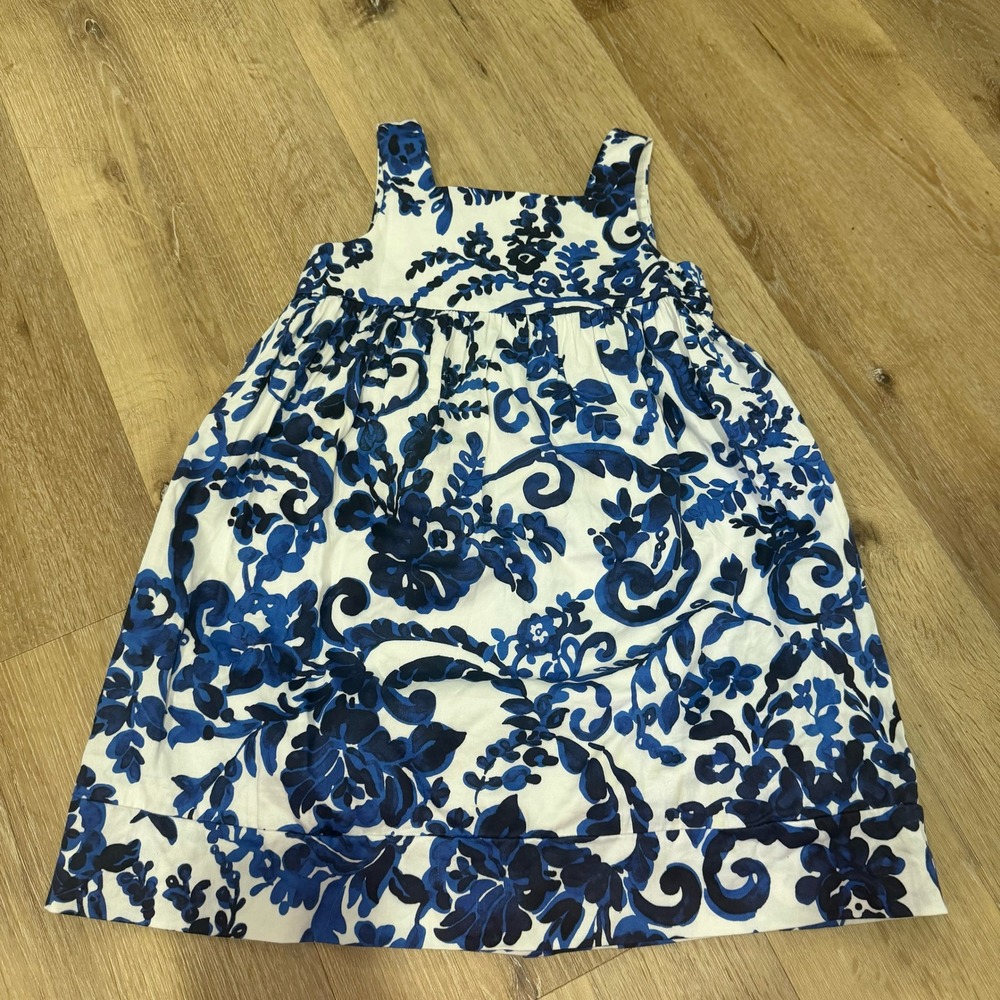 Milly Minis Girls Blue White Floral Damask Button Back Dress Size 5 Made in USA